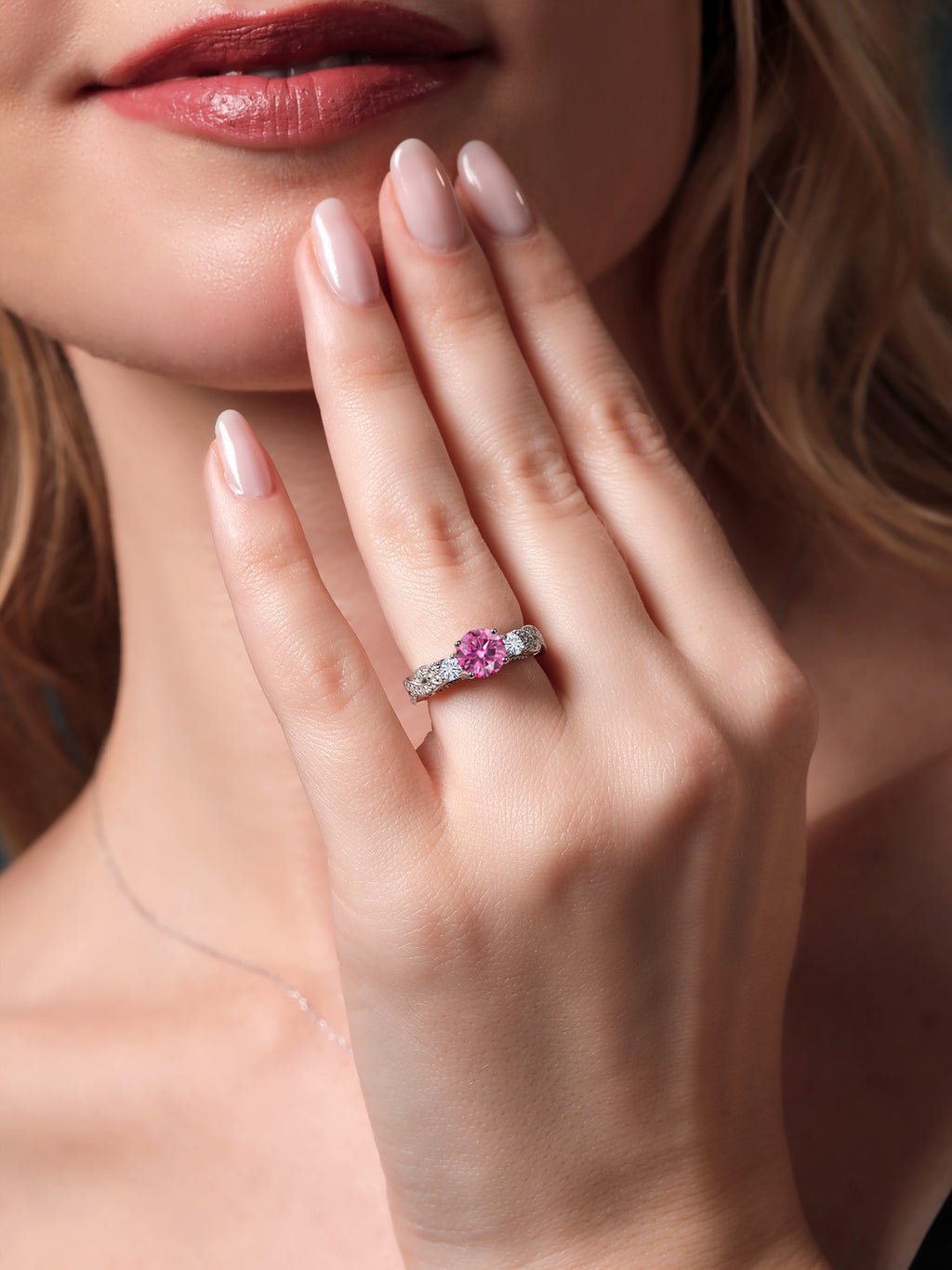 925 Sterling Silver Pink Moissanite and White Moissanite Engagement Ring R3087