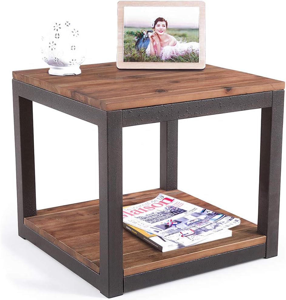 Vintage Industrial Side End Table with Storage Shelf, Reclaimed Wood, Rustic Brown Metal Frame K69637