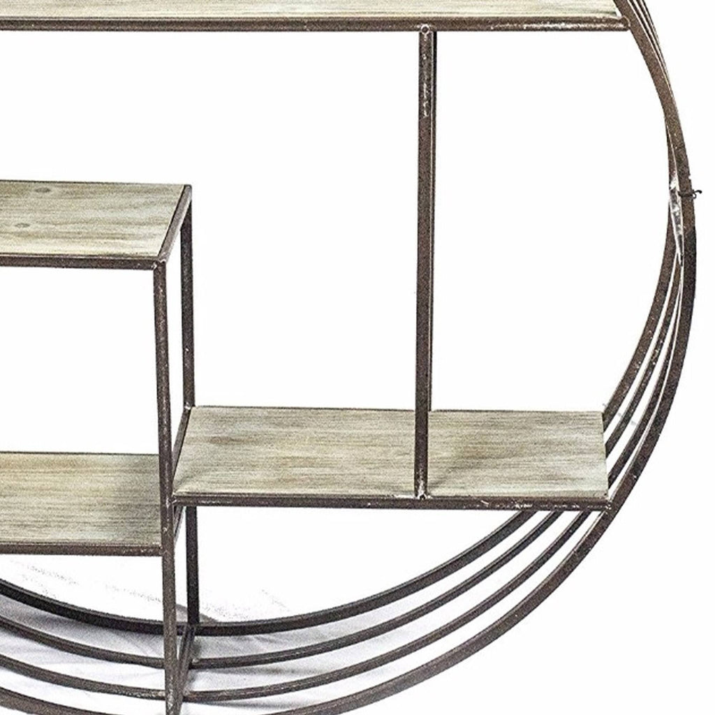 Brown Round Metal Wall Shelf with Wooden Shelves W46115