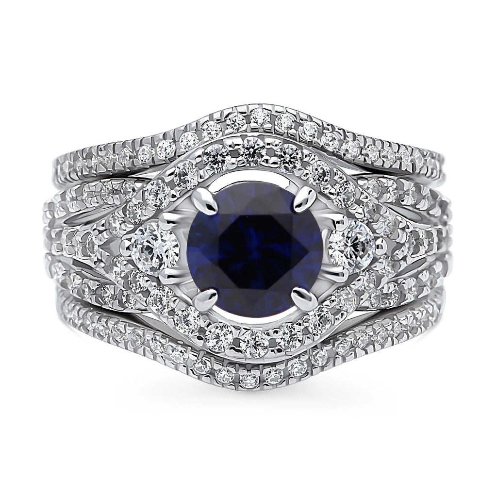 Sterling Silver Simulated Blue Sapphire CZ Halo Ring Set, Rhodium Plated Size 6 M84312