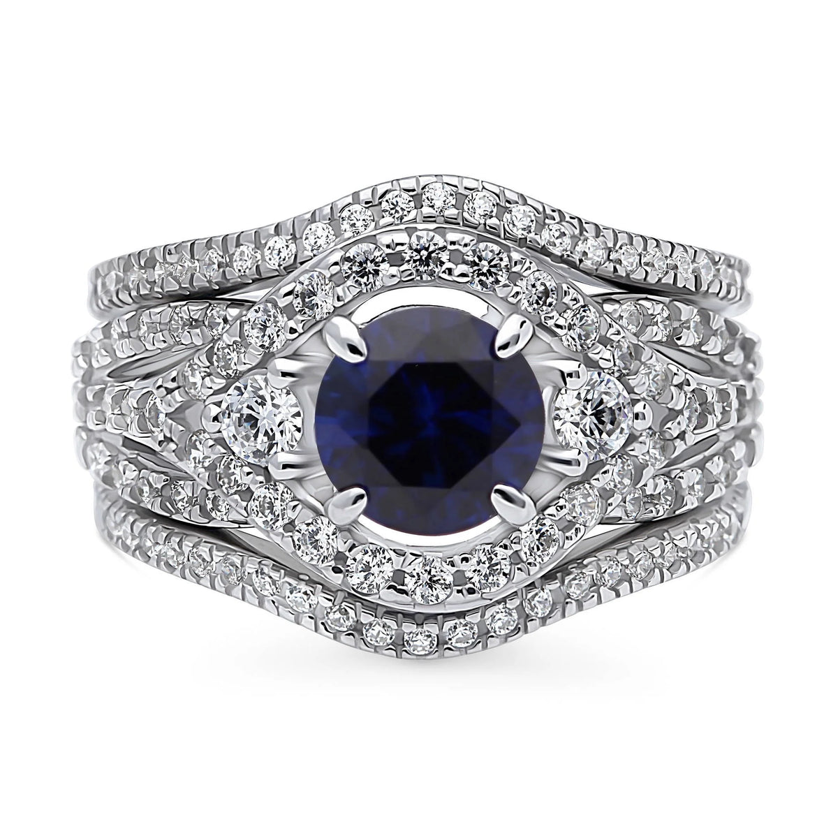 Sterling Silver Simulated Blue Sapphire CZ Halo Ring Set, Rhodium Plated Size 6 M84312