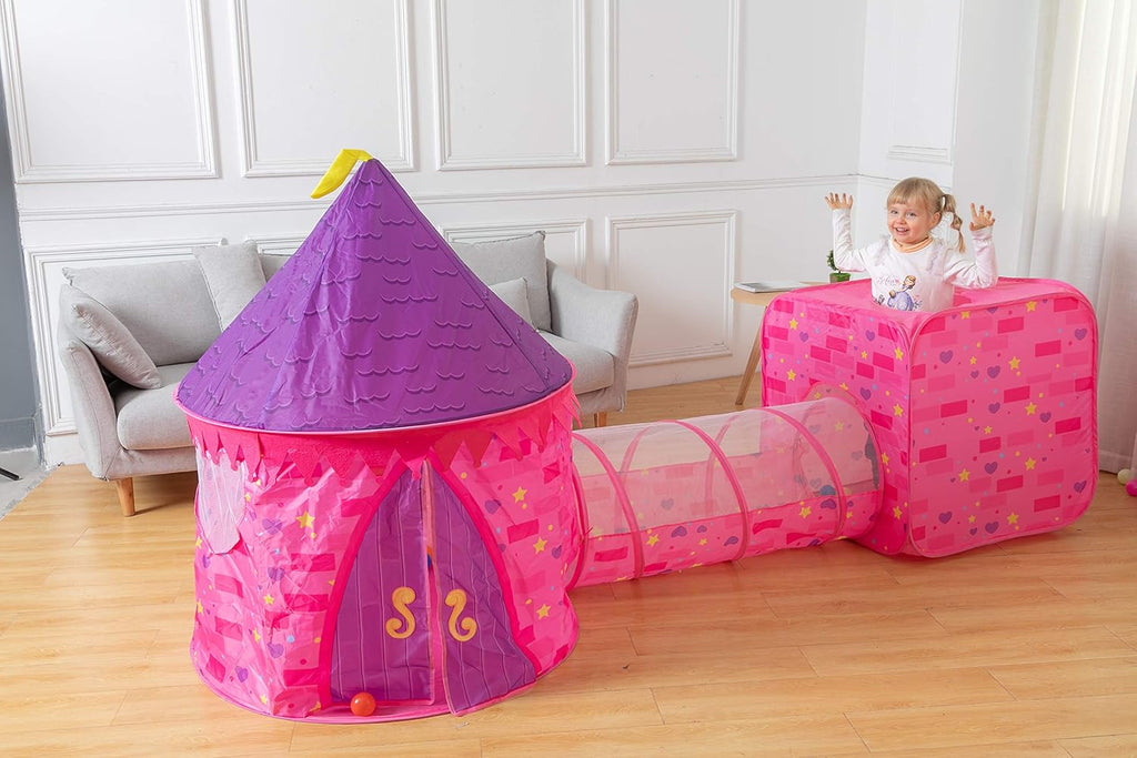 Pink Castle Play Tent with Pop Up Tunnel and Playhouse Kids Indoor Outdoor Play Tent Set Y95254