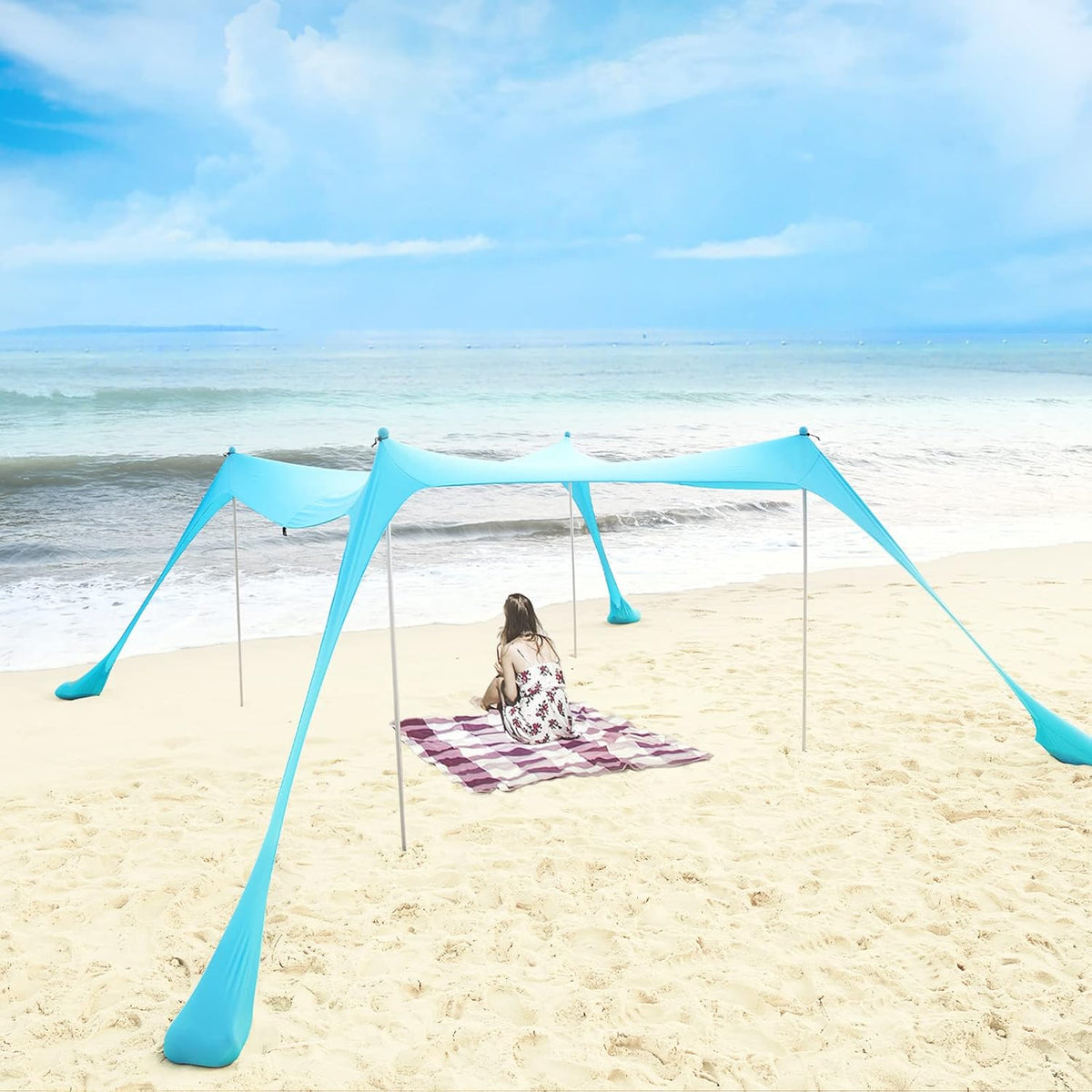 Pop Up Beach Tent Canopy UPF50+ with Aluminum Poles, Blue, 10 x10FT J474013