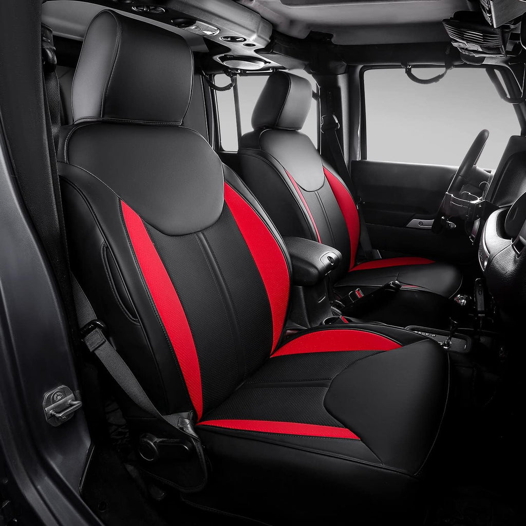 Black+Red PU Leather Seat Covers for Jeep Wrangler JK 4 Door, Pack of 2 G5540