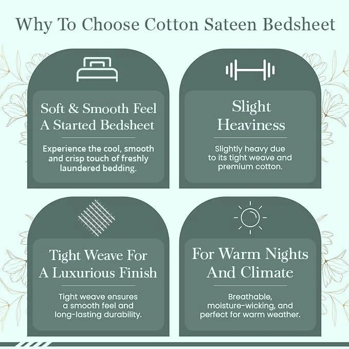 Cooling Queen Sheet Set 4-Piece 100% Cotton Sateen 300TC Grey Floral 16" Deep Pocket F77829