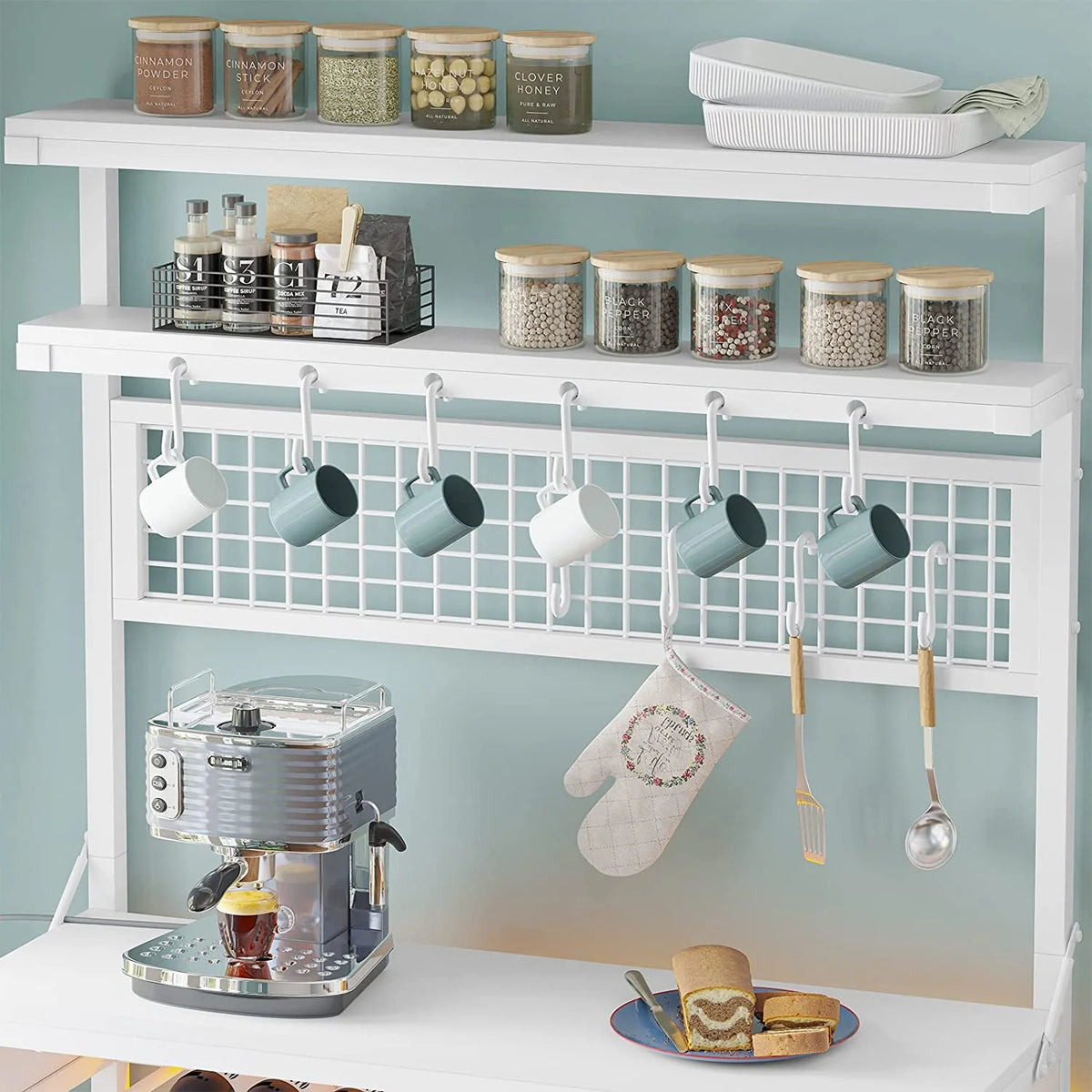 White 6-Tier Bakers Rack with Power Outlet and LED Lights I974