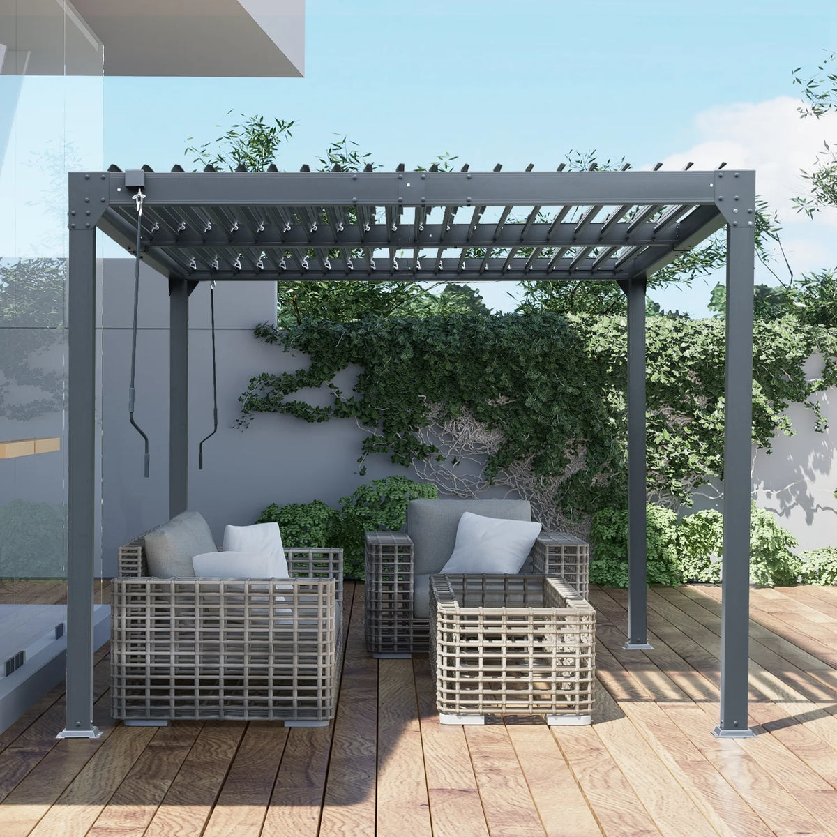 13 x 10 ft. Outdoor Aluminum Louvered Pergola Waterproof Gazebo with 2 Adjustable Rainproof Panels - Dark Gray I367