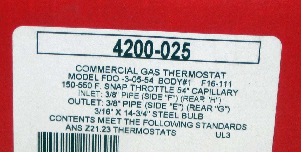 Gas Thermostat, 3/8 in Pipe, 150 to 550 F L580940