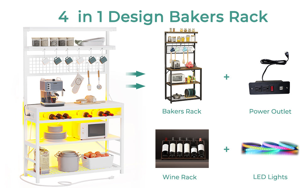White 6-Tier Bakers Rack with Power Outlet and LED Lights I974