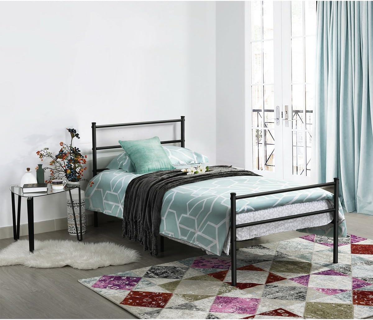 Black Metal Twin Size Bed Frame with Headboard and Footboard K9534