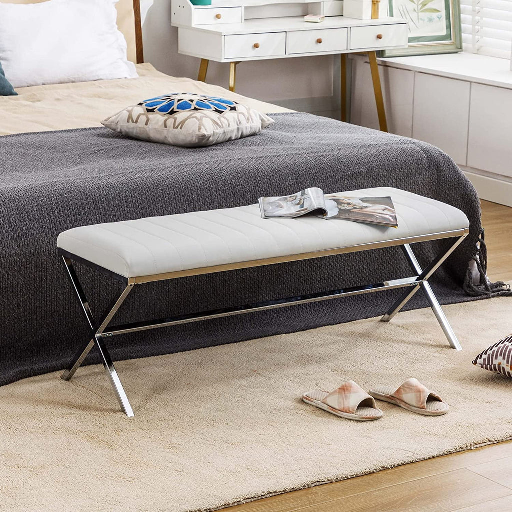 Faux Leather Upholstered Bench with Metal X Legs Q5762