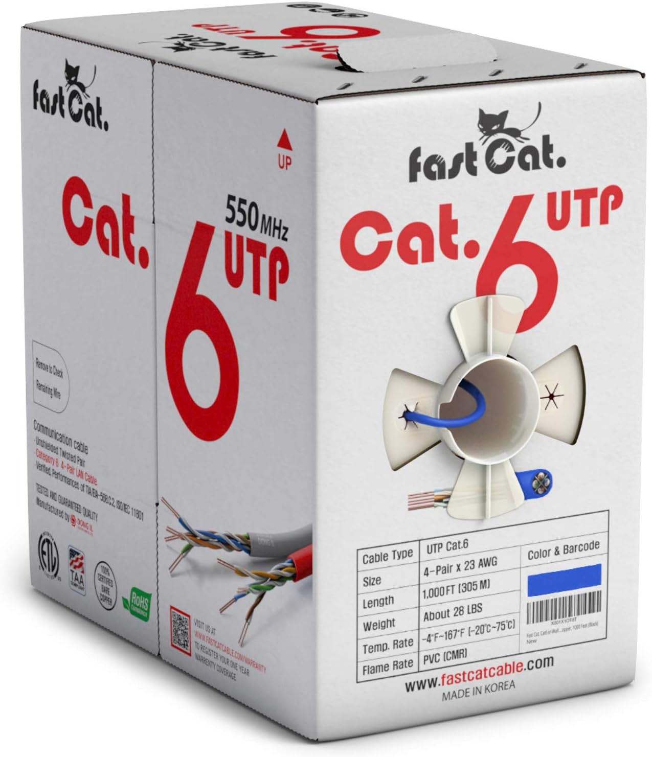 Cat6 Ethernet Cable 1000ft 23 AWG CMR Solid Bare Copper UTP LAN Cable Gray A50173
