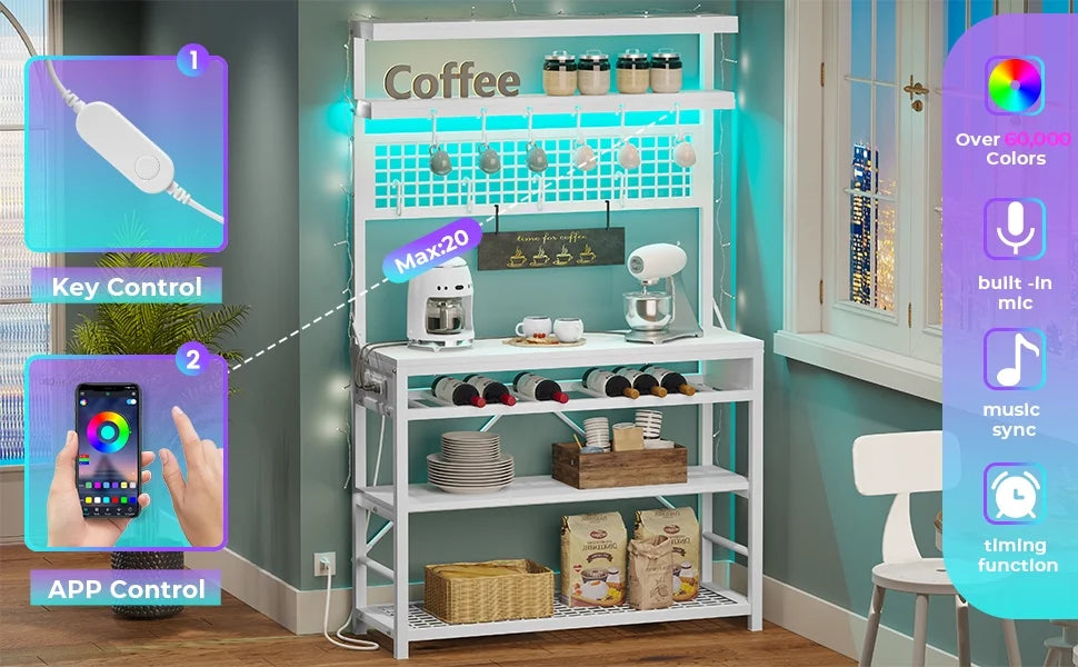 White 6-Tier Bakers Rack with Power Outlet and LED Lights I974