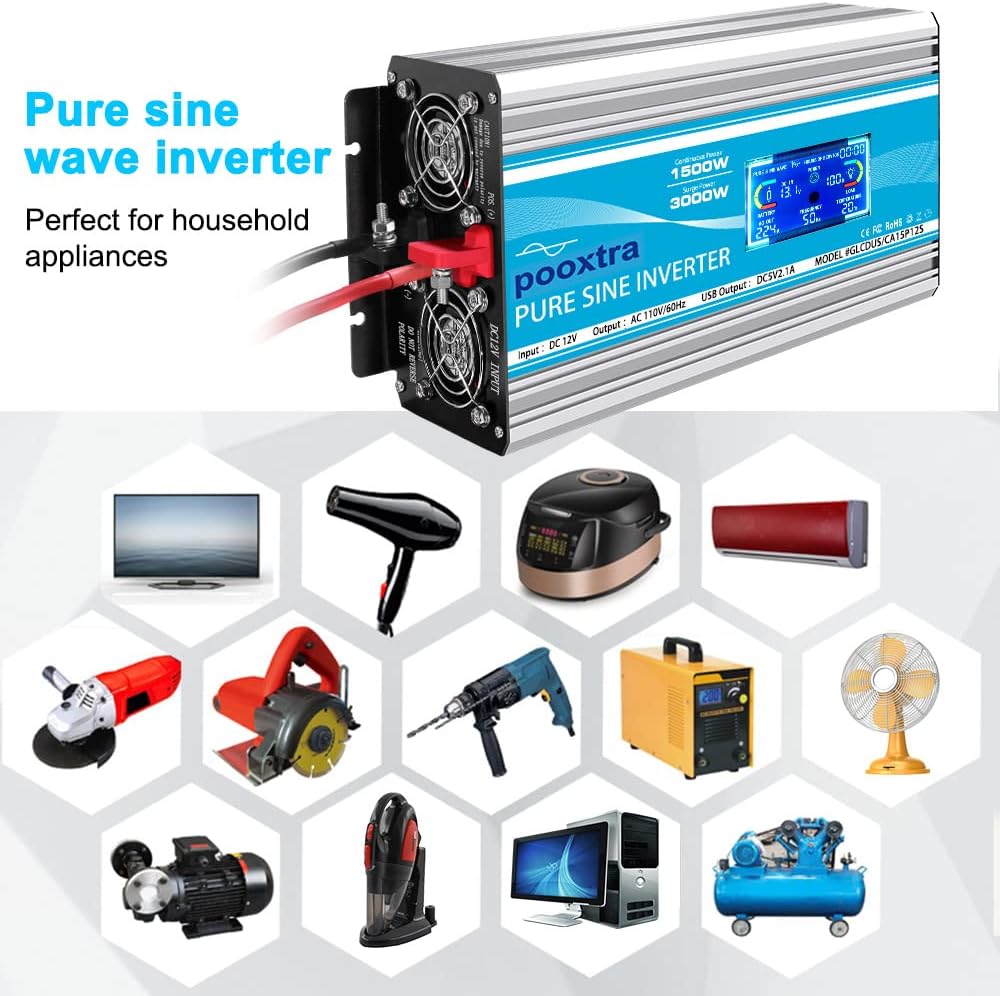 1500 Watt Pure Sine Wave Power Inverter 12V DC to 110V/120V AC with LCD Display USB Port 4AC Outlets I803