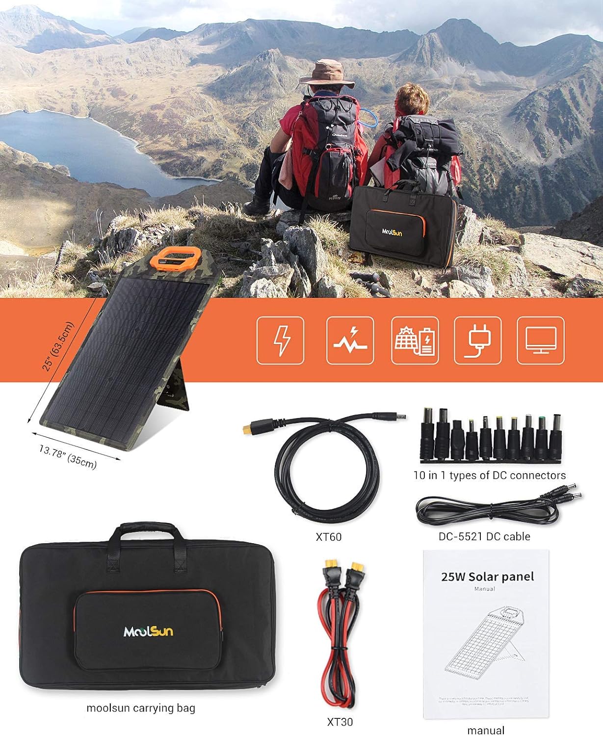 25W Portable Waterproof Monocrystalline Solar Panel Kit H8937