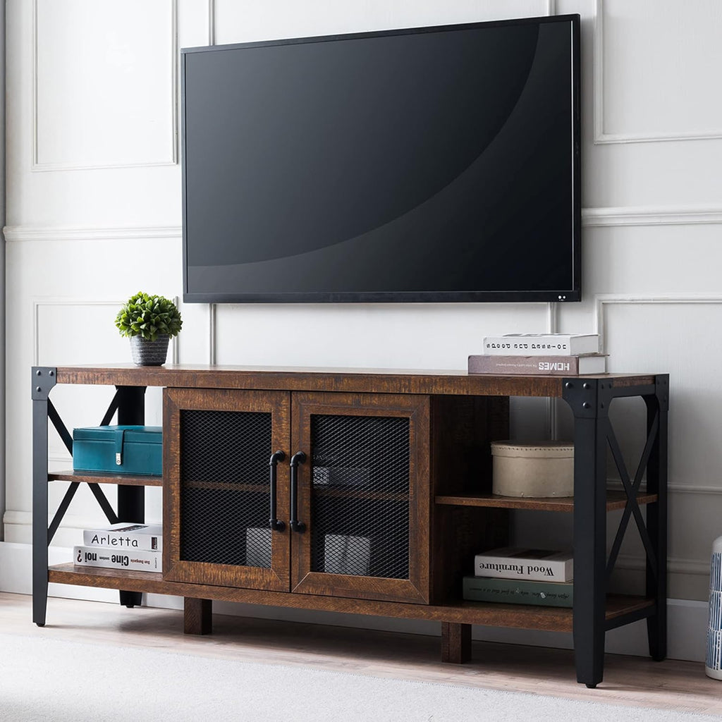 Large Brown Wood TV Stand with Metal Side X-Frame J34504