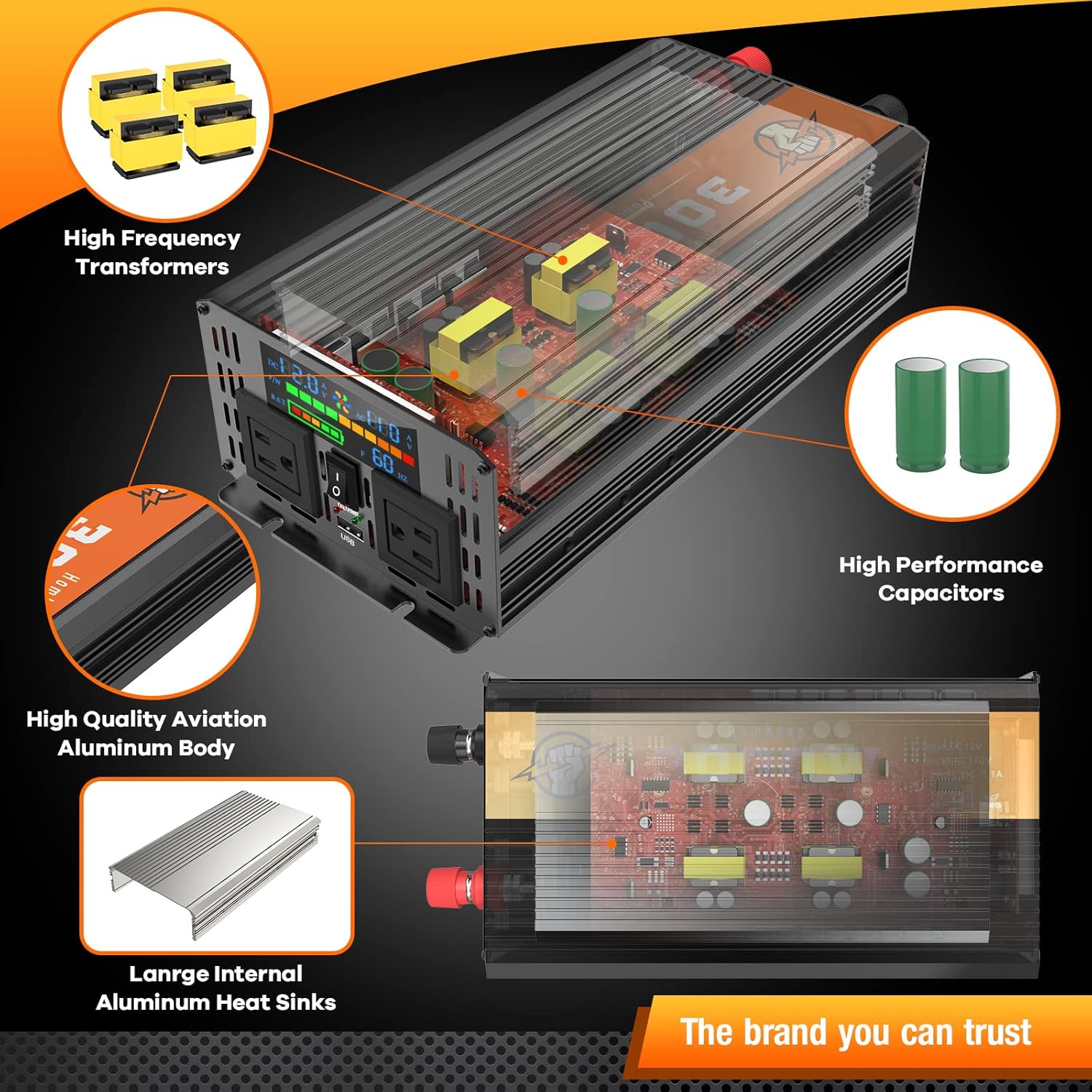 2000 Watts 12V to 110V Modified Sine Wave Power Inverter with Dual AC Outlets and USB Port B526991
