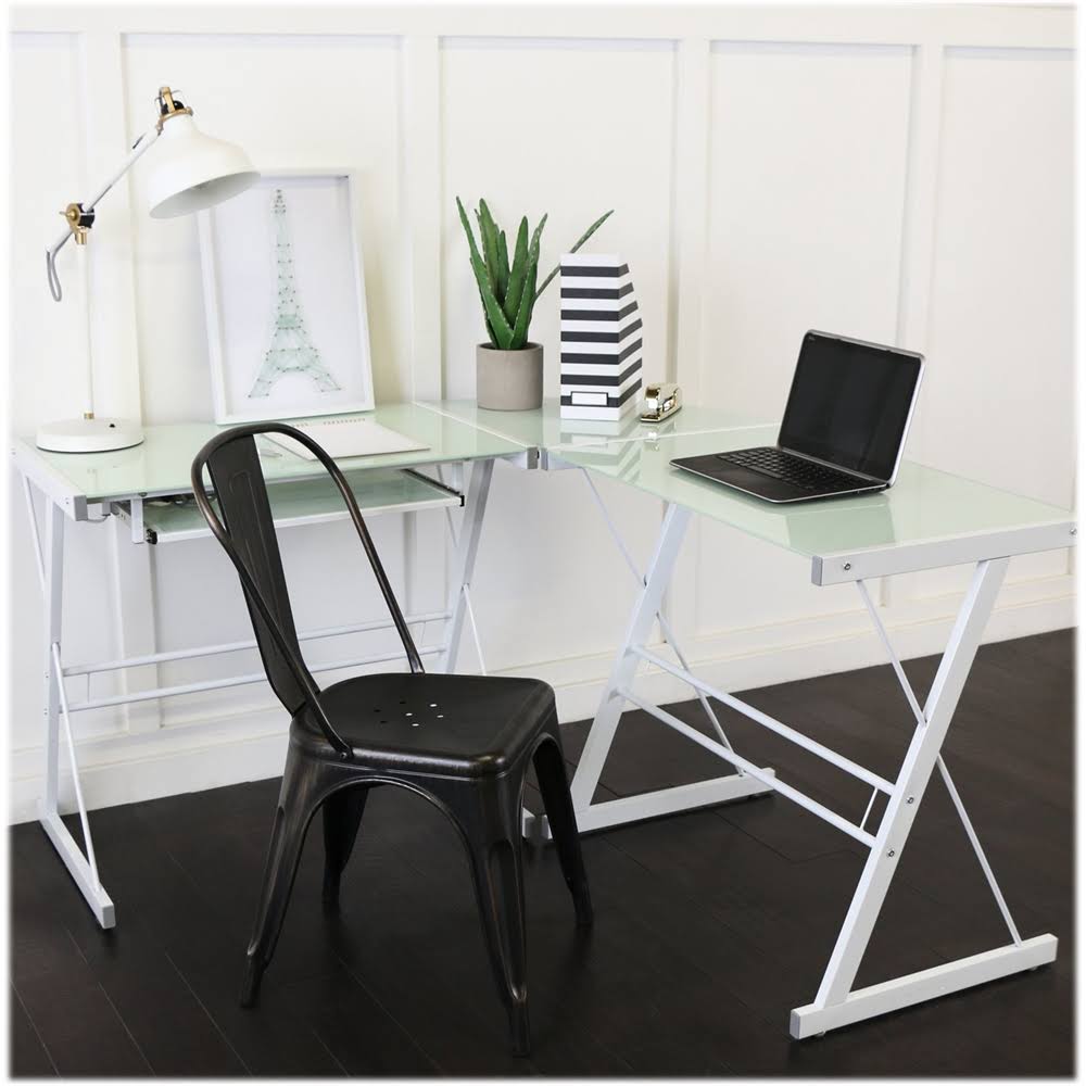 White L-Shaped Tempered Glass Computer Desk O1550
