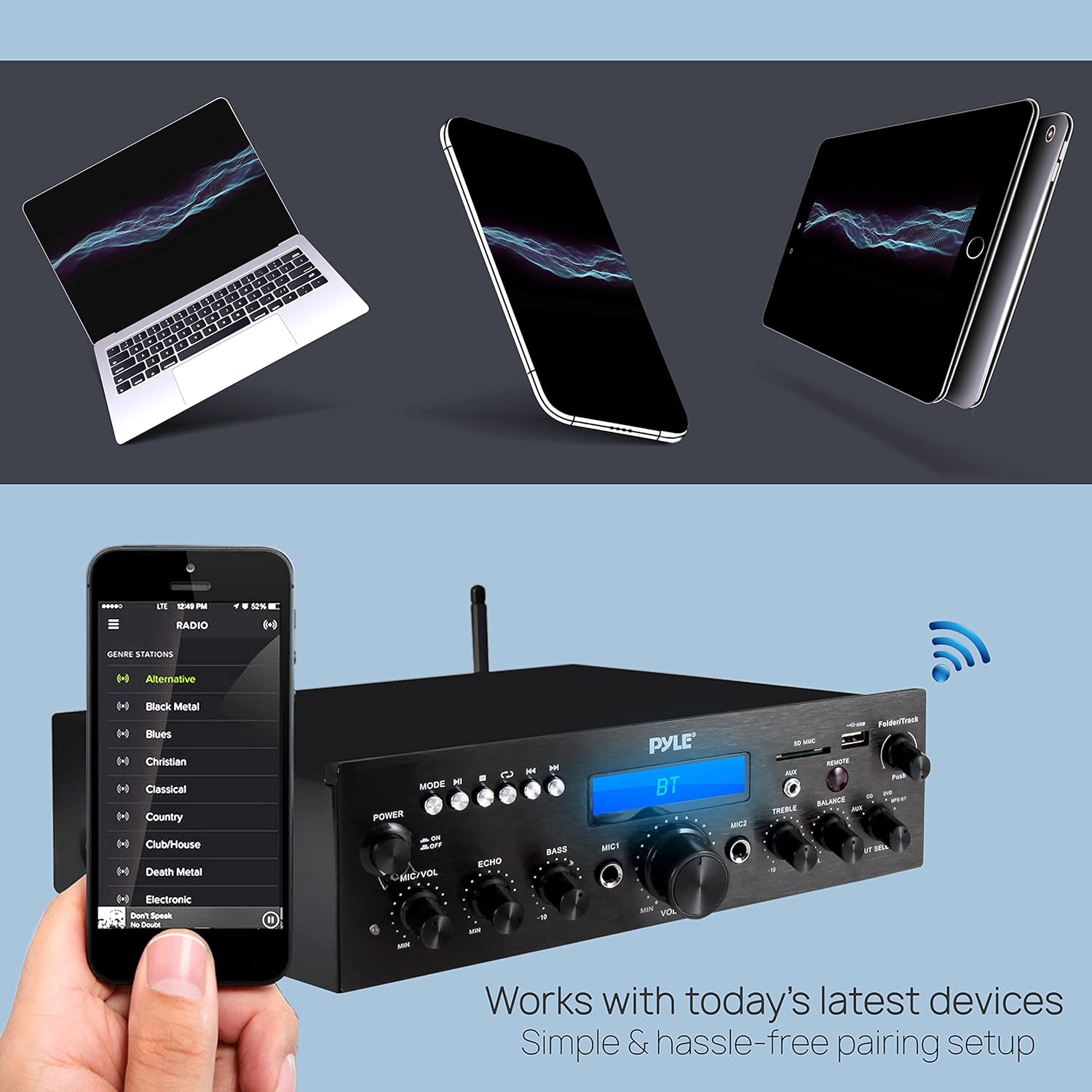 Pyle Compact Bluetooth Stereo Amplifier 200 Watt Desktop Audio Power Amp Receiver with FM Radio, MP3/USB/SD Readers, Digital LCD Display, Microphone Input J791