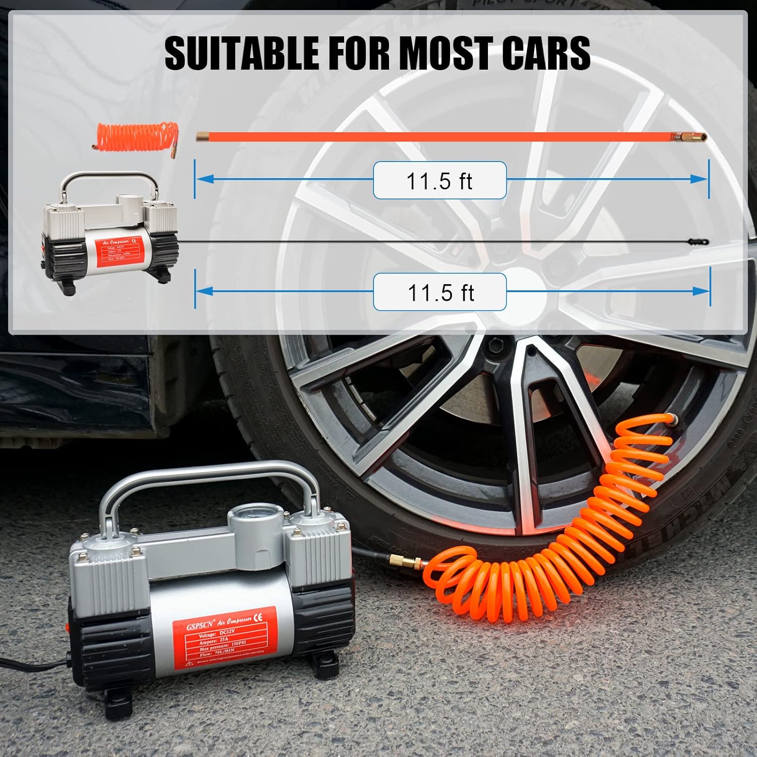 Portable Dual Cylinder 12V DC Air Compressor with 11.5ft Air Hose and Tire Repair Kit, Pack of 2 Q71722