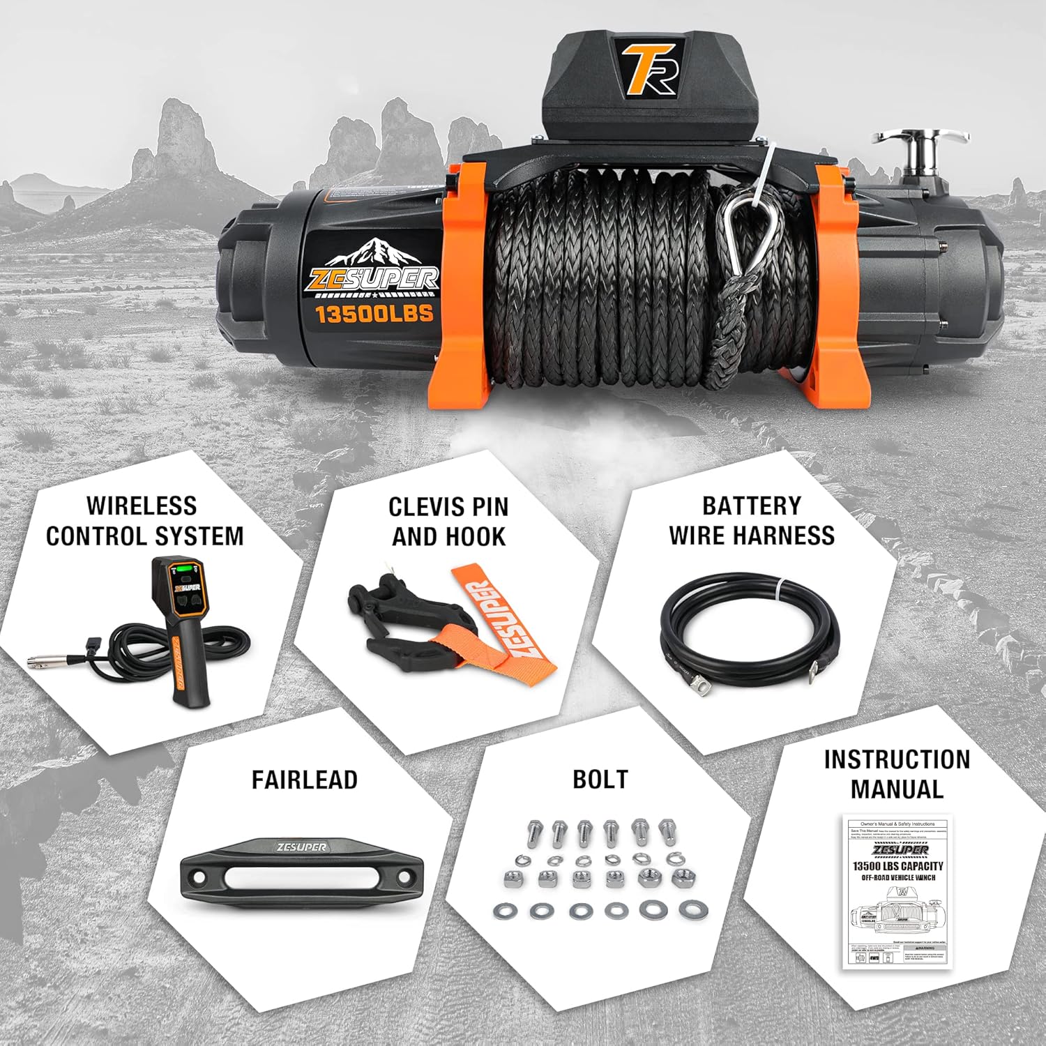 12V 13500 lb Load Capacity Electric Winch with Synthetic Rope and Wireless Remote R98916