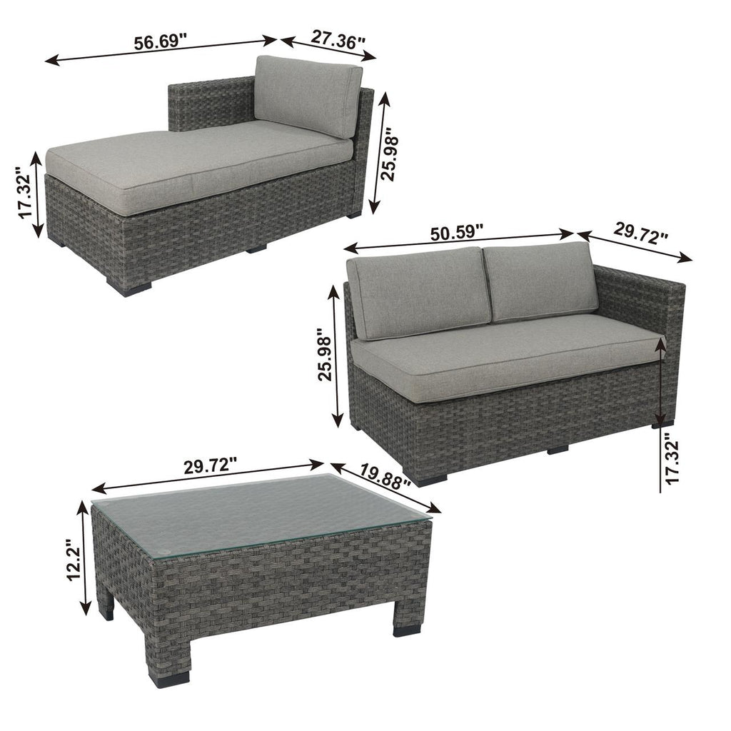 3 Pcs L-Shaped Outdoor Wicker Convertible Sectional Set with Tea Table Z25682