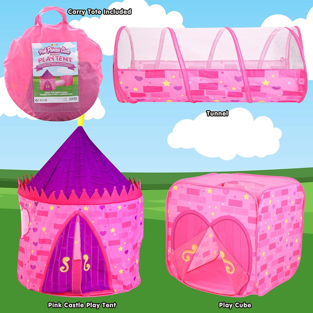 Pink Castle Play Tent with Pop Up Tunnel and Playhouse Kids Indoor Outdoor Play Tent Set Y95254