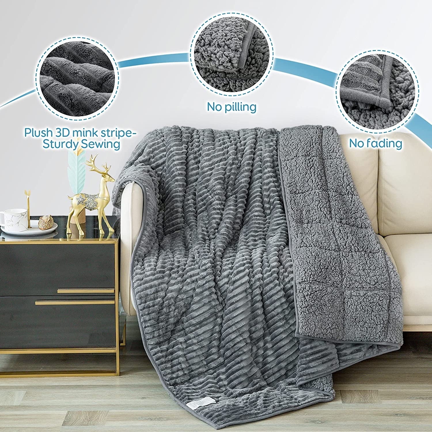 Gray Sherpa Fleece Weighted Blanket Queen Size 15lbs 60"x80" H449
