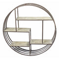 Brown Round Metal Wall Shelf with Wooden Shelves W46115