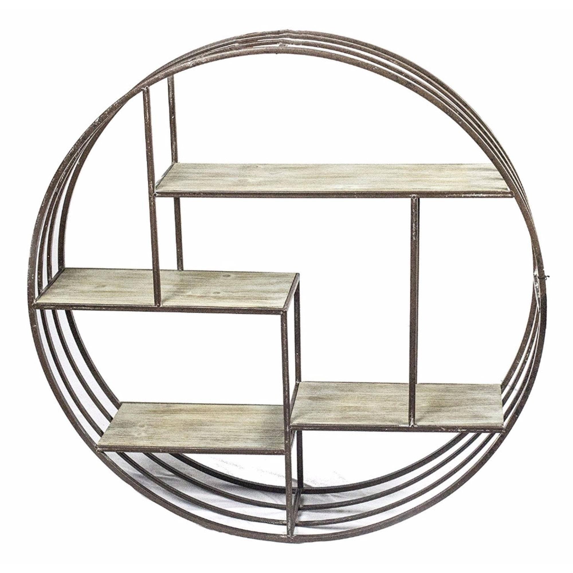 Brown Round Metal Wall Shelf with Wooden Shelves W46115