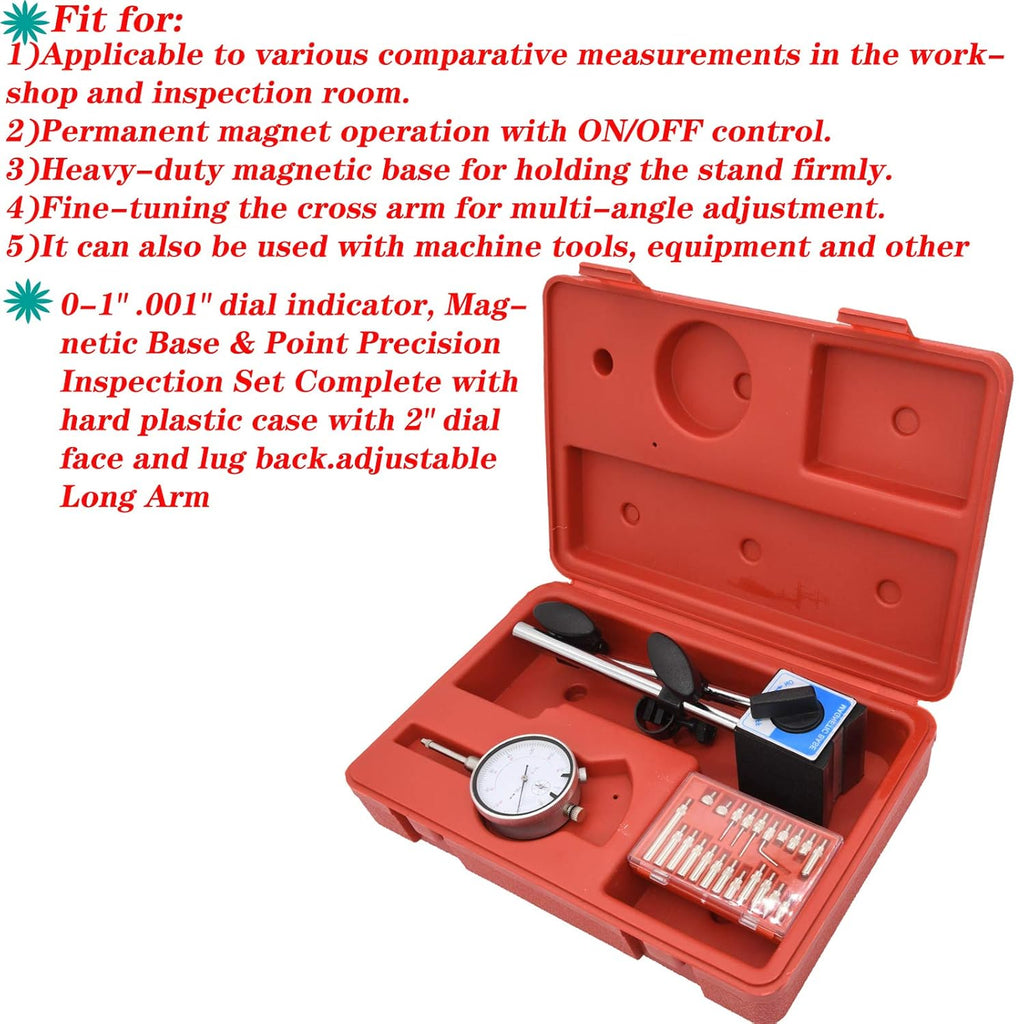 Dial Indicator with Magnetic Base, Long Arm 0-10mm Tester Gage Gauge 0.01mm V877