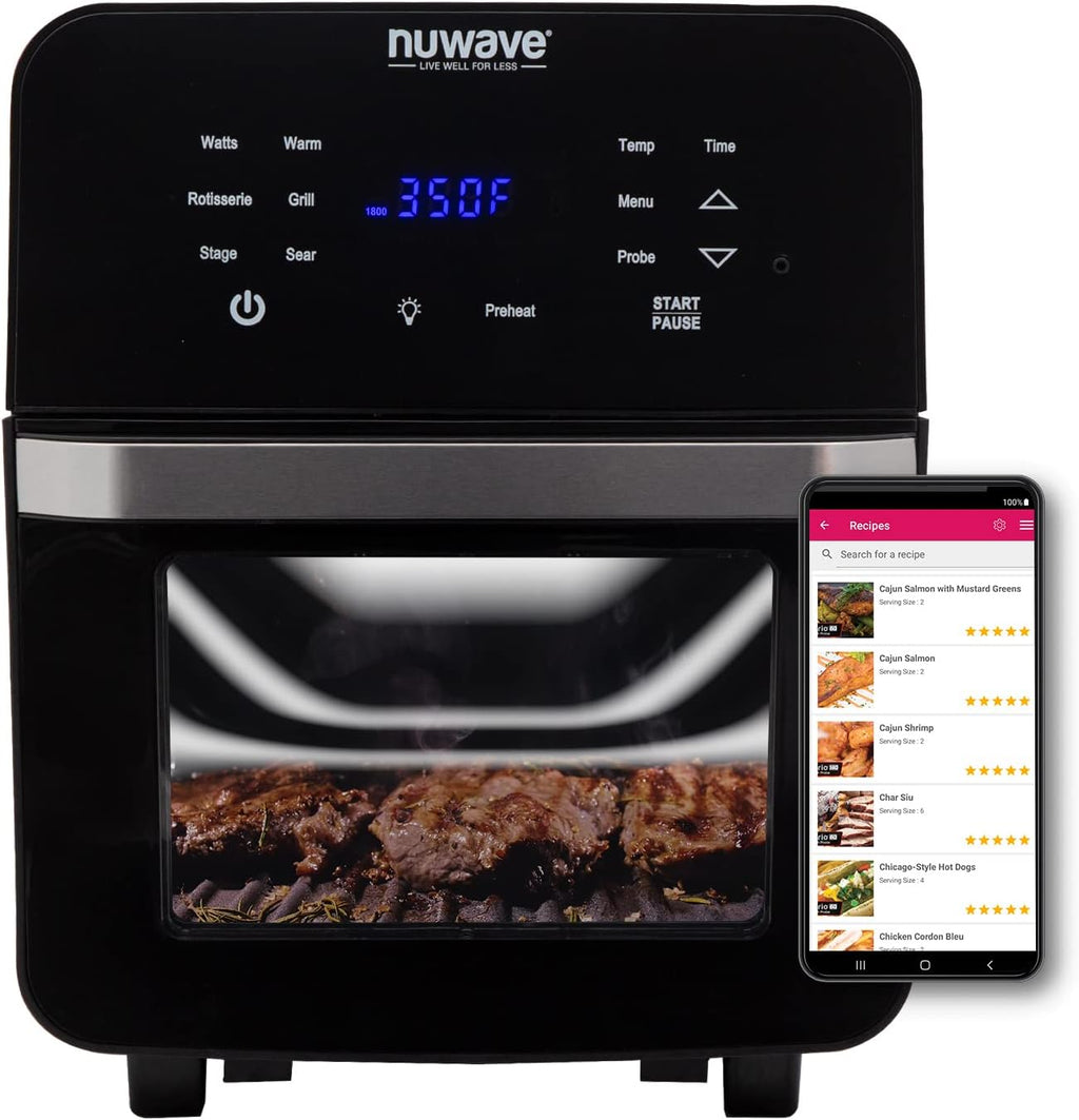 Brio Air Fryer Smart Oven, 15.5-Qt X-Large Family Size, Countertop Convection Rotisserie Grill Combo, 4 Rack Positions, 50°-425°F Temperature Controls in 5° Increments, Linear Thermal Technology and Integrated Temperature Probe Q990
