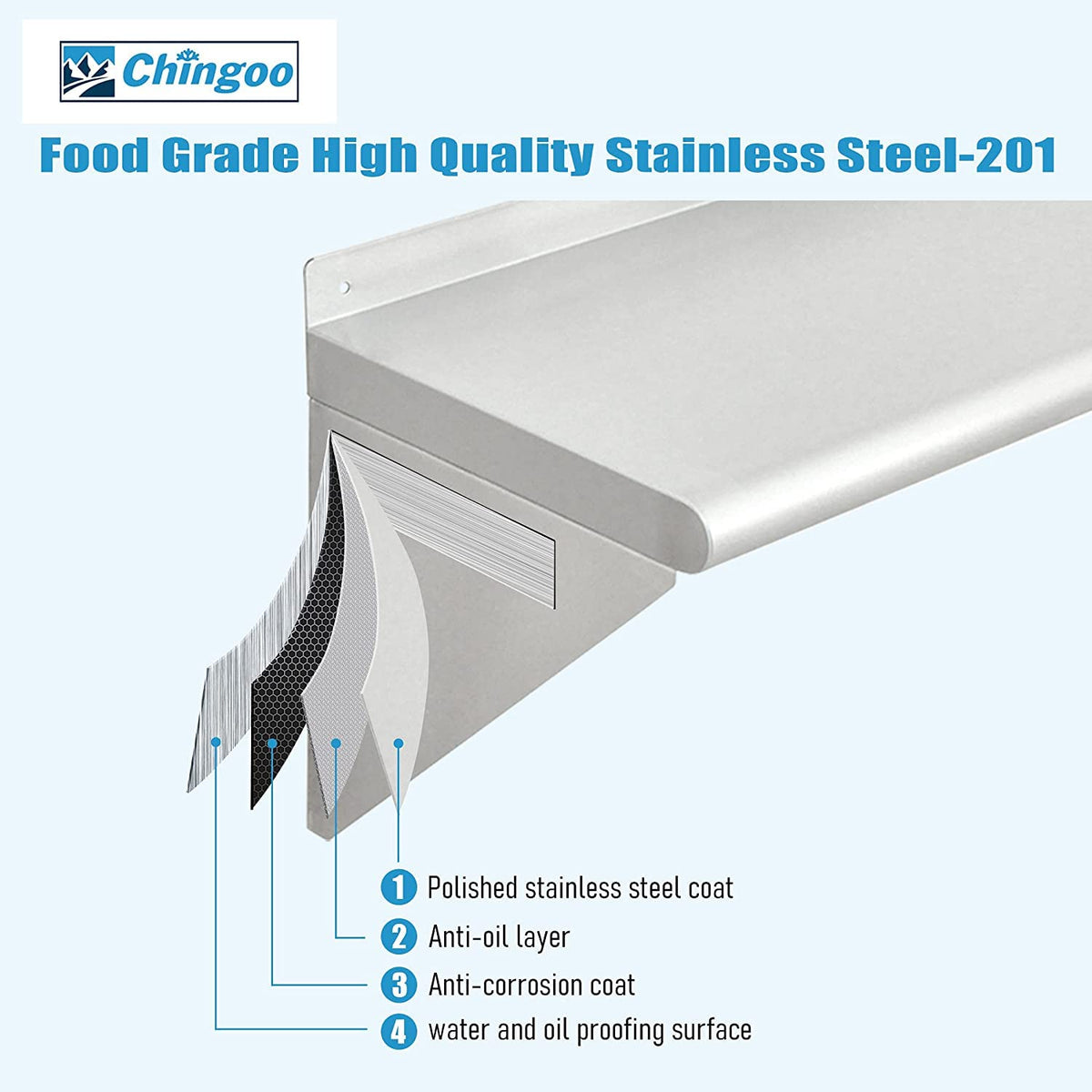 Stainless Steel Wall Mount Shelves, Set of 2, 48 x 12 Inch E588578