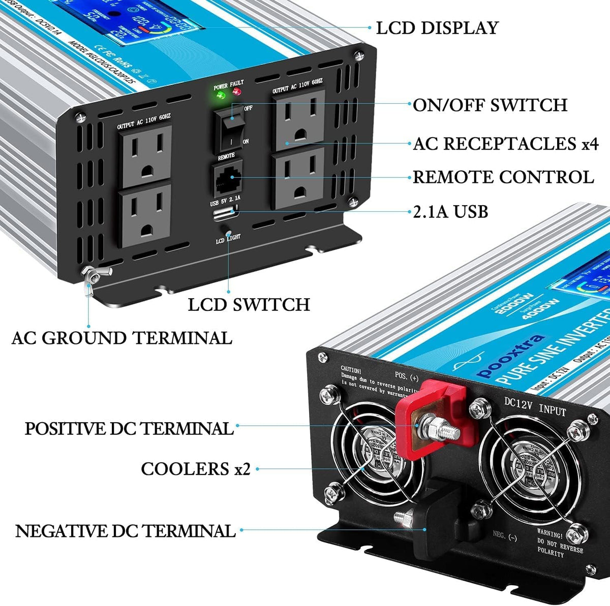 1500 Watt Pure Sine Wave Power Inverter 12V DC to 110V/120V AC with LCD Display USB Port 4AC Outlets I803