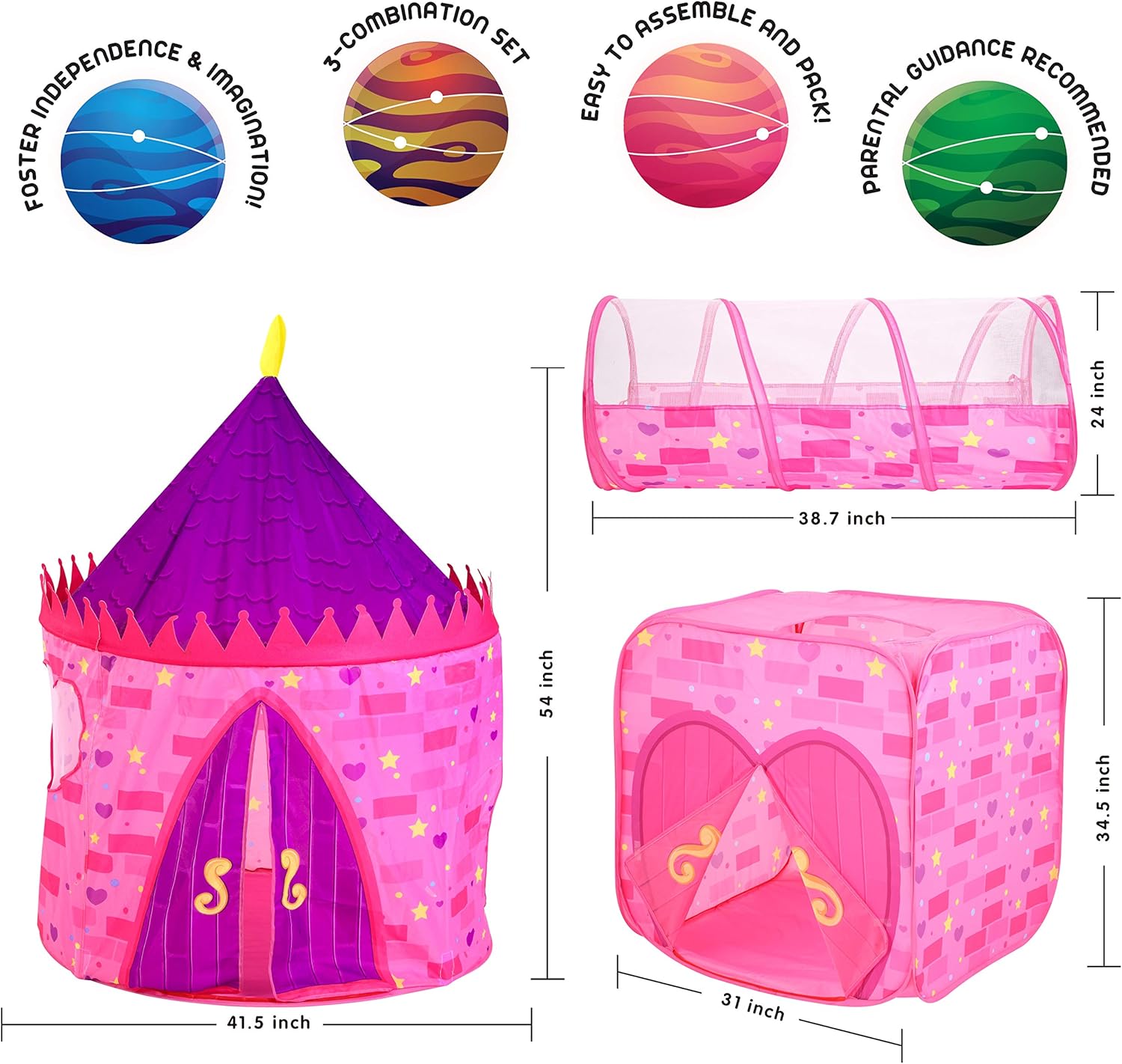 Pink Castle Play Tent with Pop Up Tunnel and Playhouse Kids Indoor Outdoor Play Tent Set Y95254