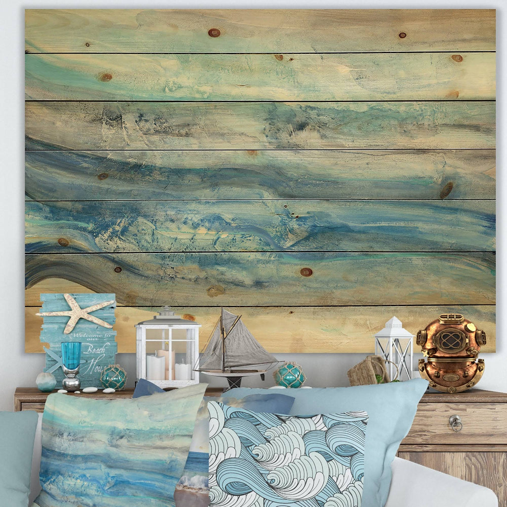 Blue Nautical Coastal Print on Natural Pine Wood M637184