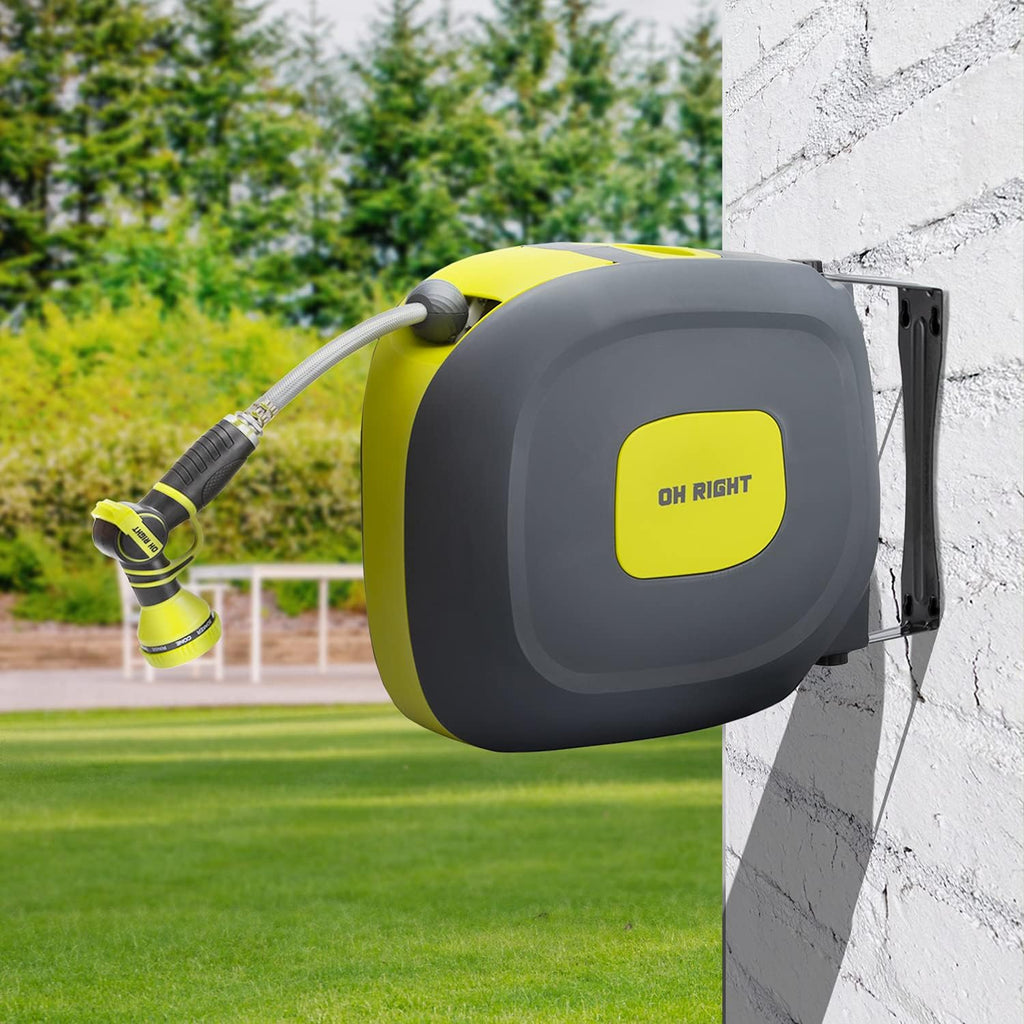 Retractable Garden Hose Reel 1/2" 115'+5' with 180° Swivel Metal Bracket, Wall Mounted Water Hose Reel with 9 Pattern Nozzle I672