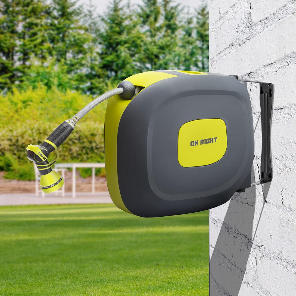 Retractable Garden Hose Reel 1/2" 115'+5' with 180° Swivel Metal Bracket, Wall Mounted Water Hose Reel with 9 Pattern Nozzle I672