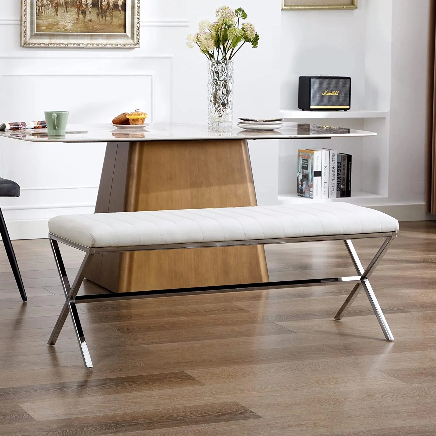 Faux Leather Upholstered Bench with Metal X Legs Q5762