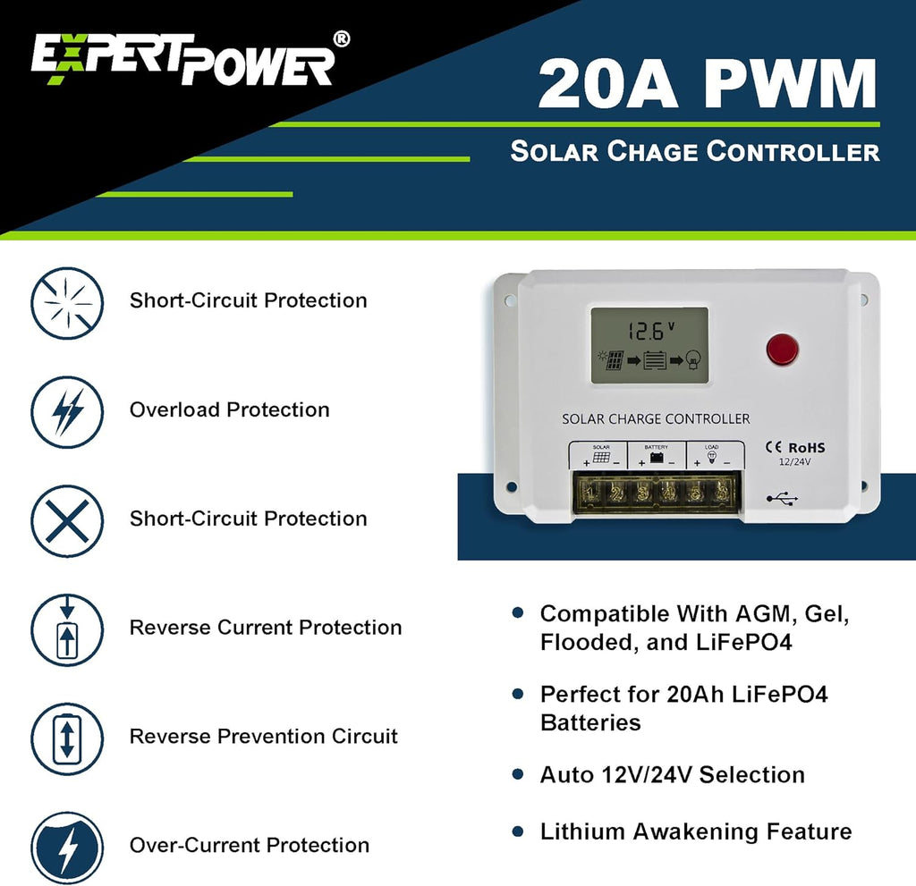 200W 12V Mono Rigid Solar Panel Kit with 20A PWM Charge Controller K4603