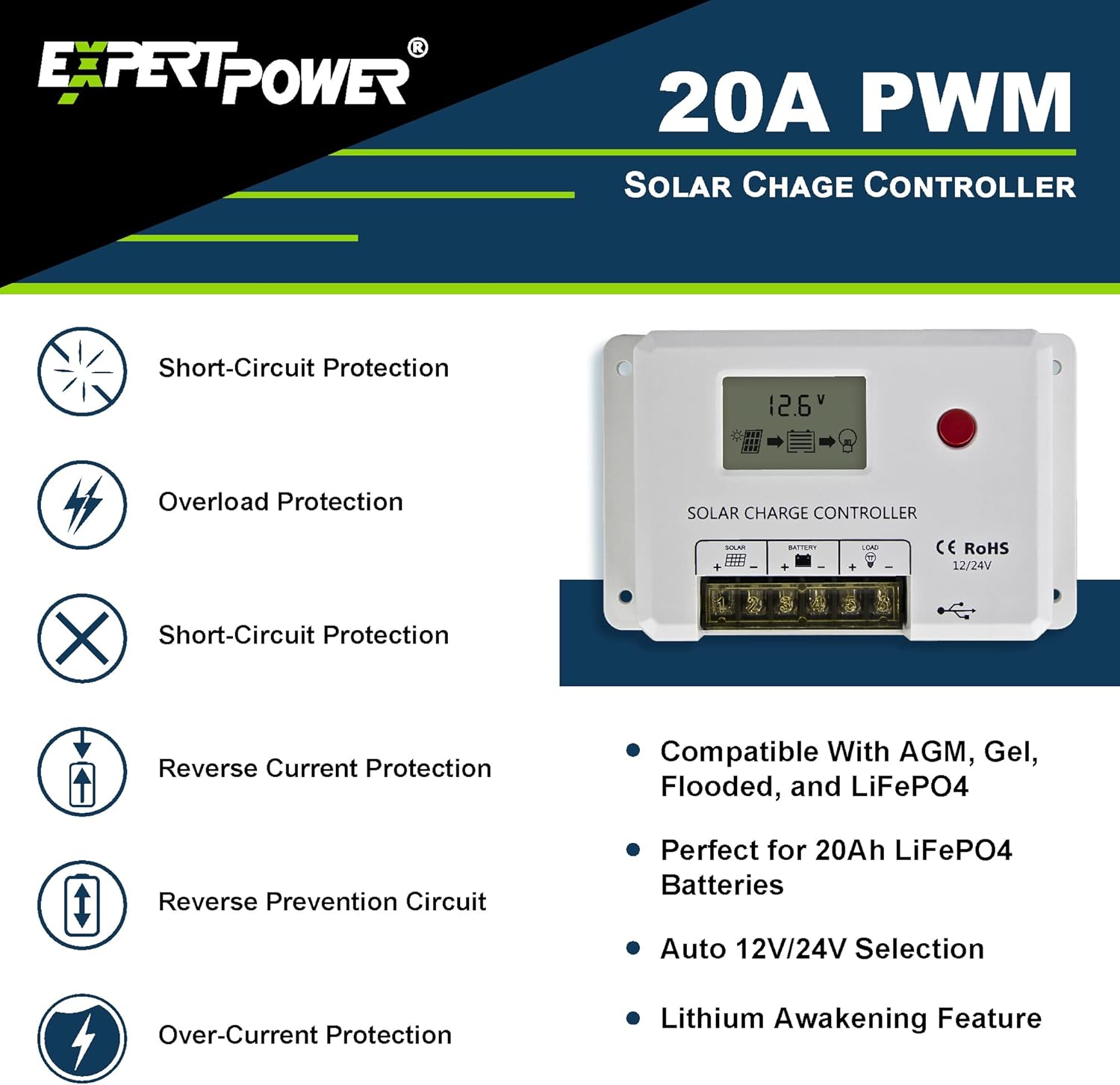200W 12V Mono Rigid Solar Panel Kit with 20A PWM Charge Controller K4603