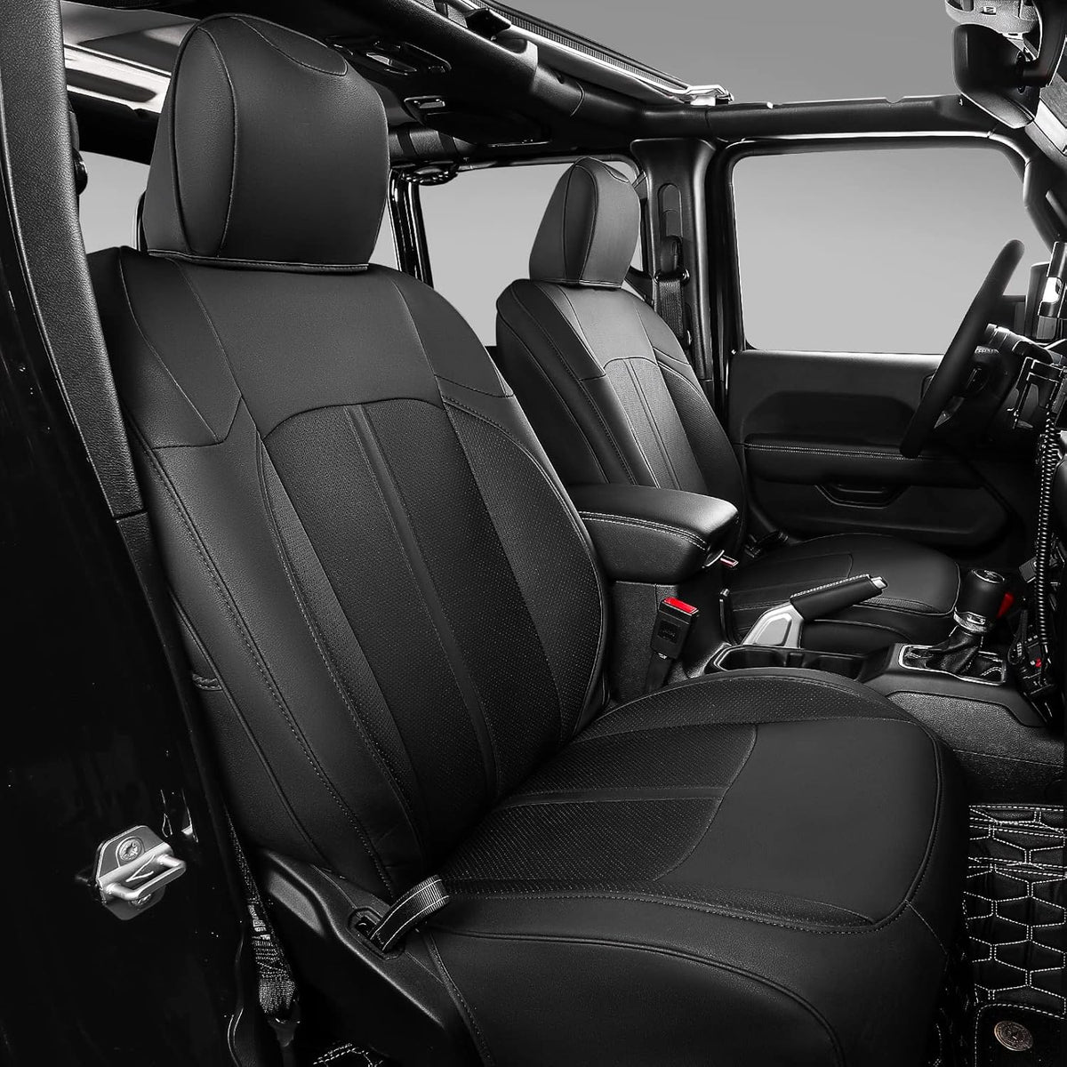 Black+Red PU Leather Seat Covers for Jeep Wrangler JK 4 Door, Pack of 2 G5540