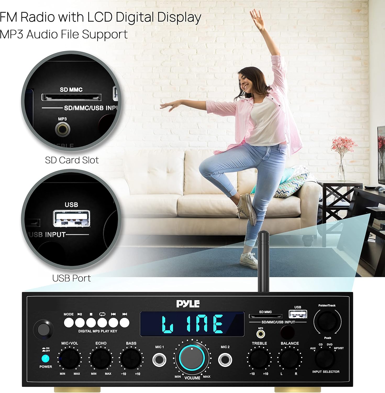 Pyle Compact Bluetooth Stereo Amplifier 200 Watt Desktop Audio Power Amp Receiver with FM Radio, MP3/USB/SD Readers, Digital LCD Display, Microphone Input J791