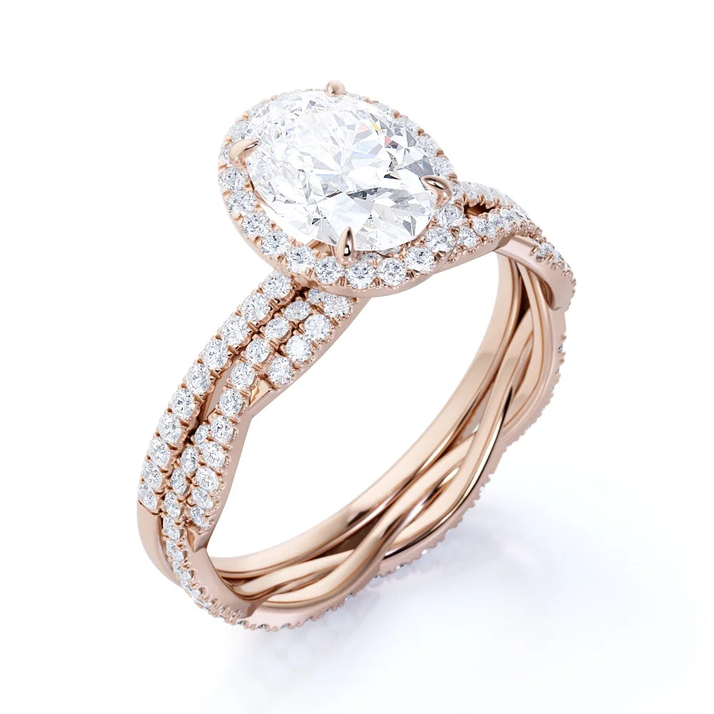 1.75 Carat Oval Cut Moissanite Bridal Ring Set in 18k Rose Gold Over Silver K862
