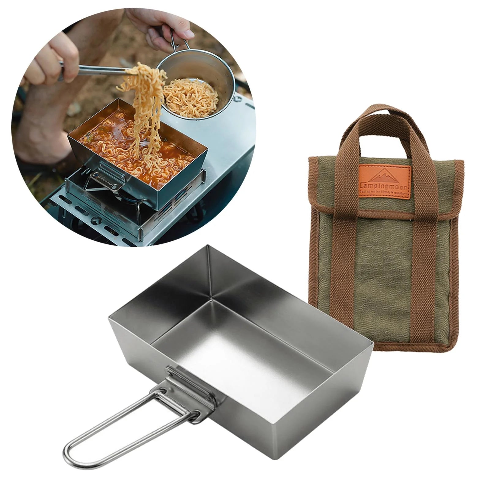 Stainless Steel Frying Pan Camping Pot with Lid Foldable Handle Cookware V8349