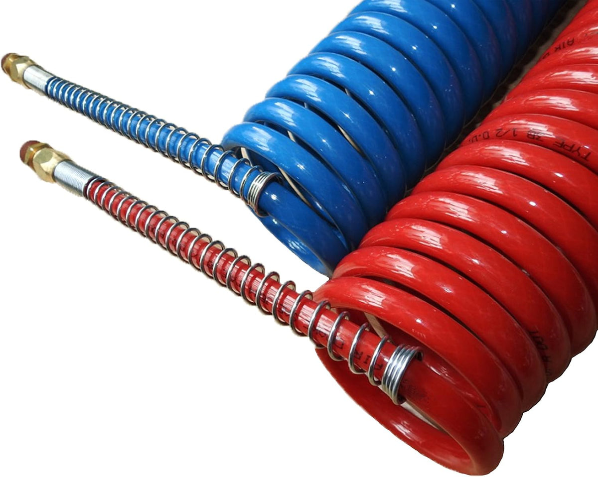 COILED AIR SET LINE ASSEMBLY RED & BLUE TRUCK TRAILER BRAKE COIL SET, 15' LENGTH; 2 X 12" LEADS Pack of 2 V82135
